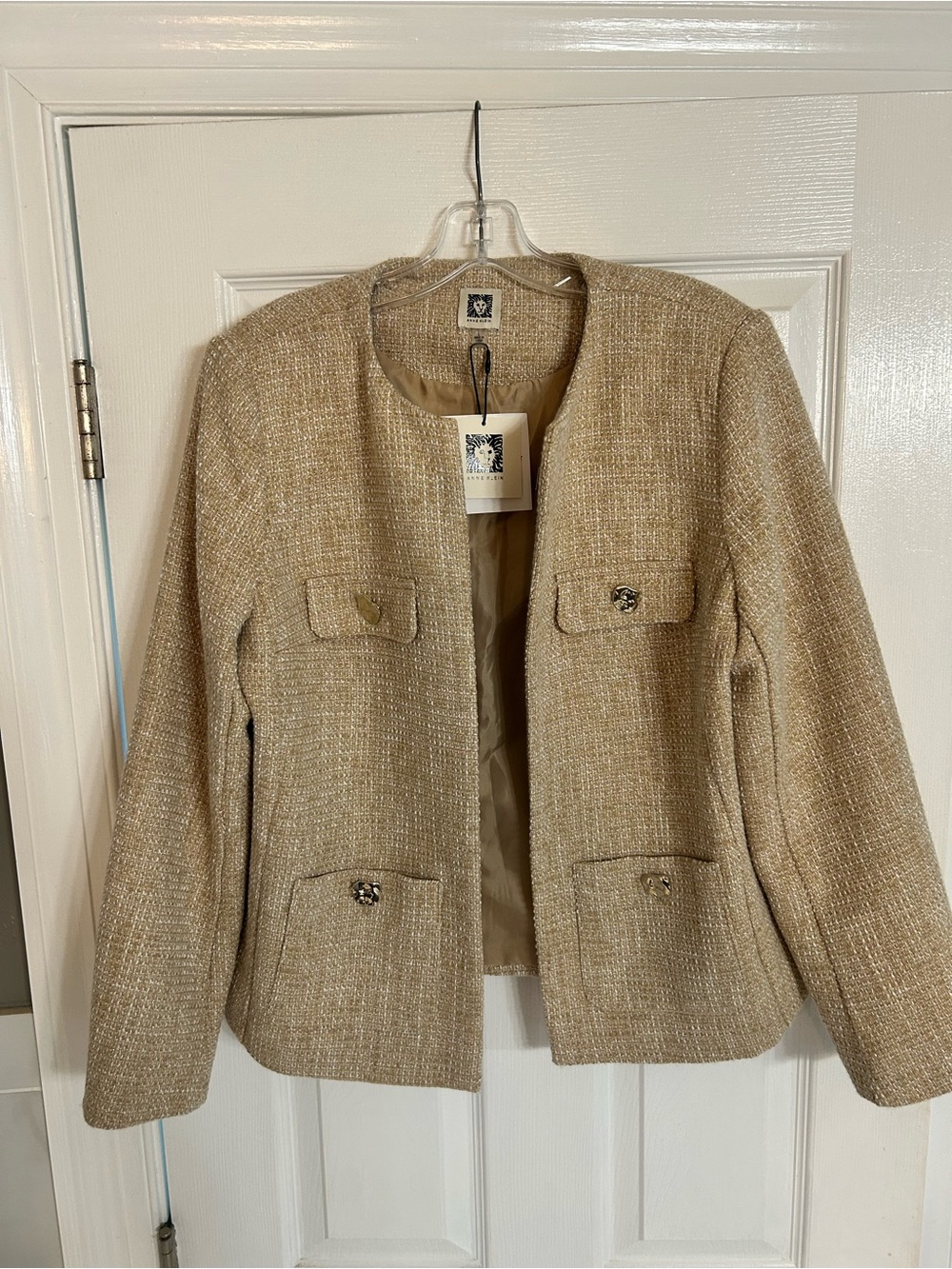 Anne Klein Tan Tweed Collarless Blazer